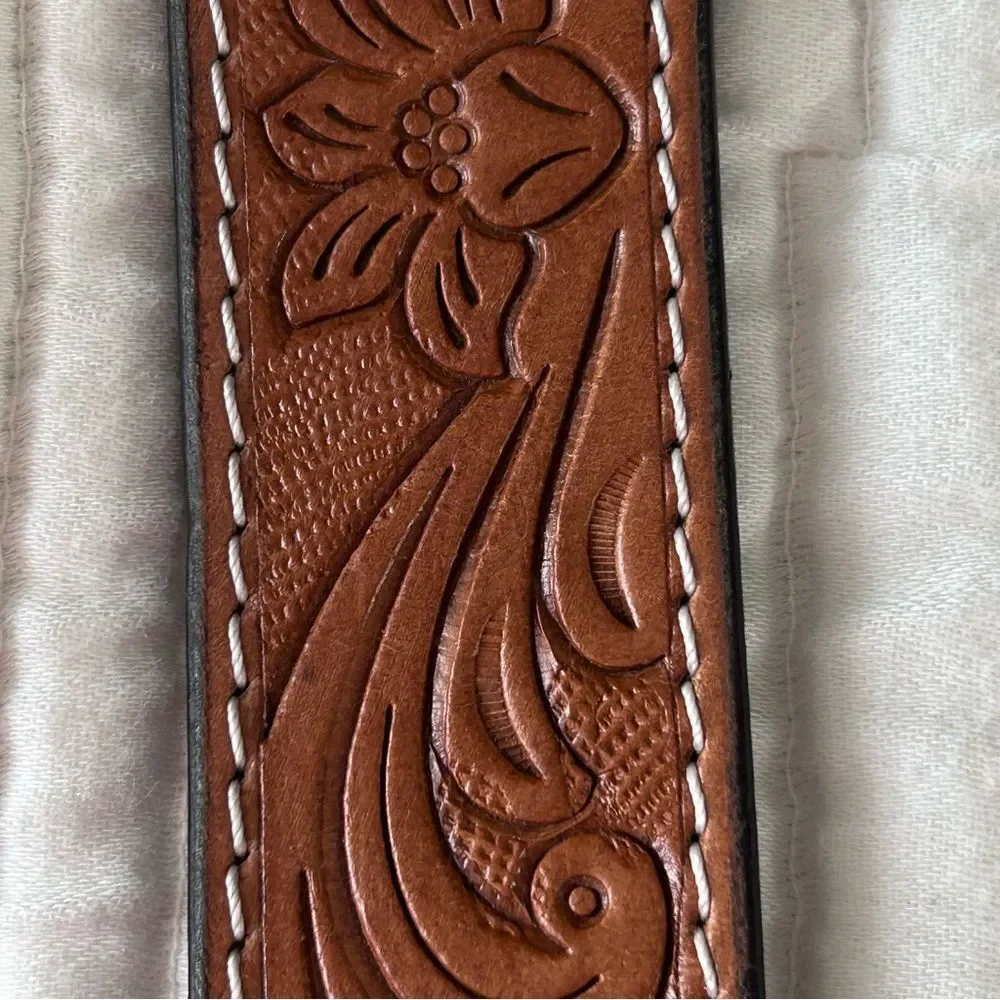 Western Floral Engraved Tooled Brown Genuine Leather Belt Strap Mens - Picture 6 of 7